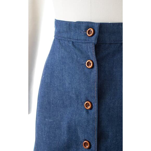 Vintage 1970s Denim Skirt 70s MS. PIONEER Leather Blue Jean Western Boho A-Line - Picture 6 of 8